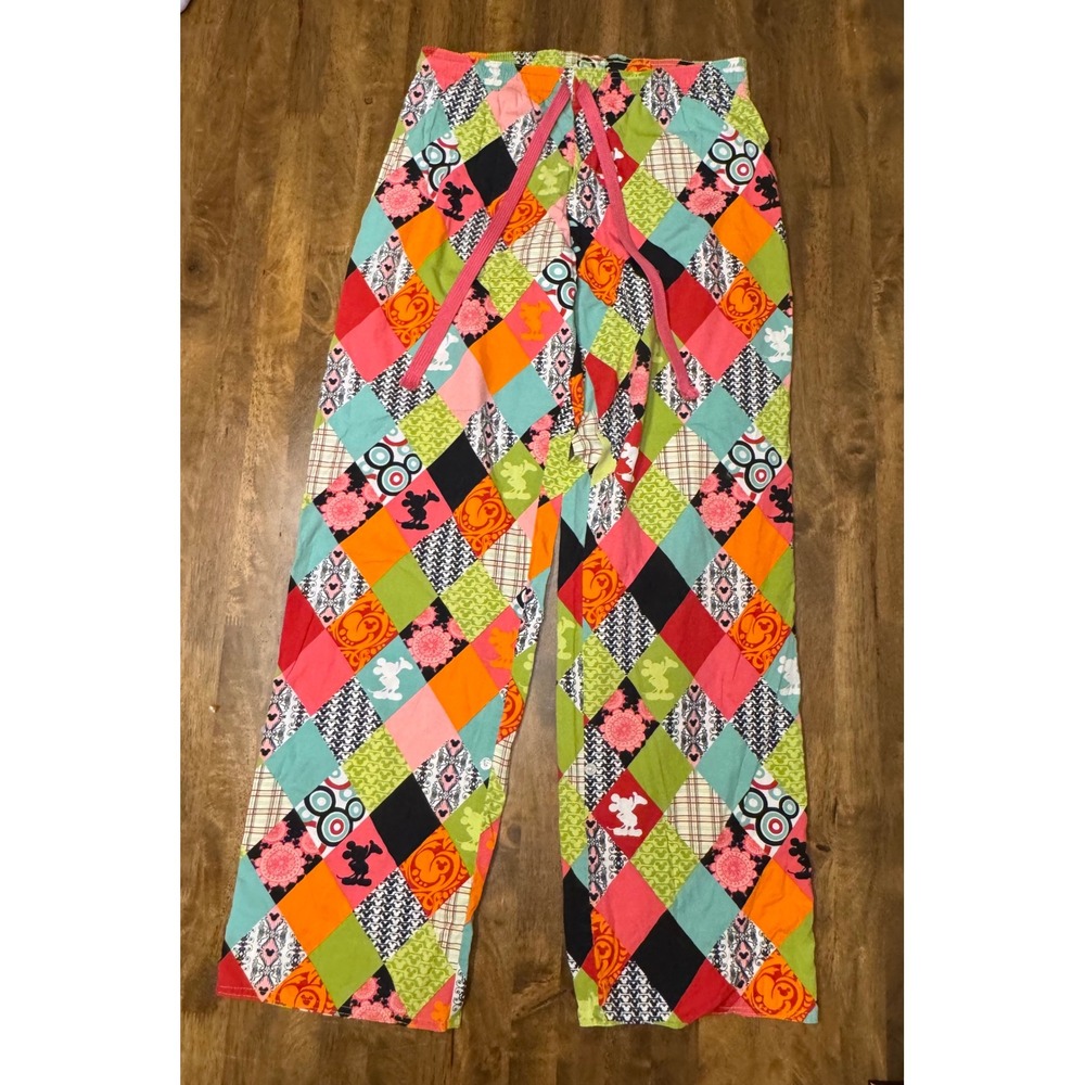 Disney Pajama Pants Colorful Patchwork Print Lounge Sleepwear Drawstring Women's